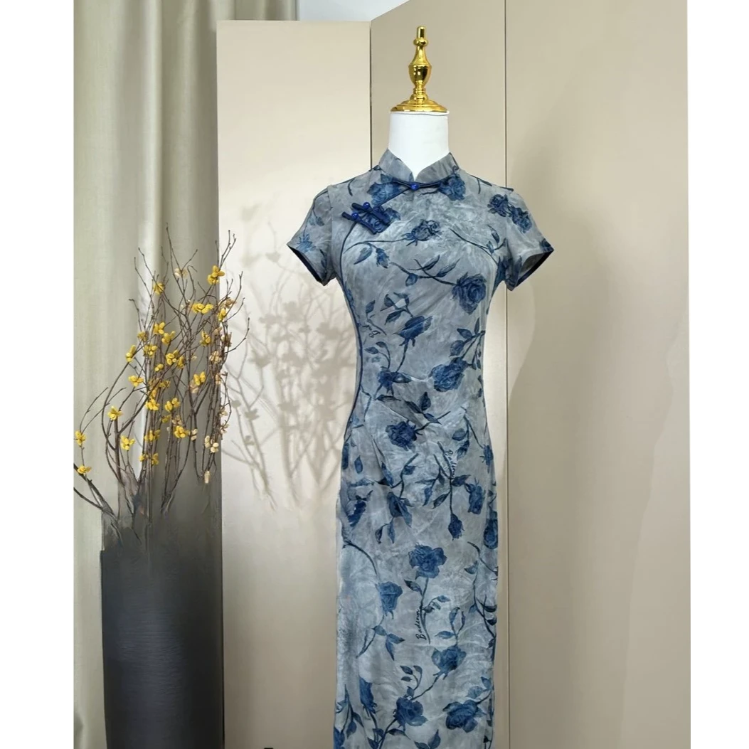 【蓝冰水】夏季老上海优雅复古旗袍新款新中式高端气质国风植绒