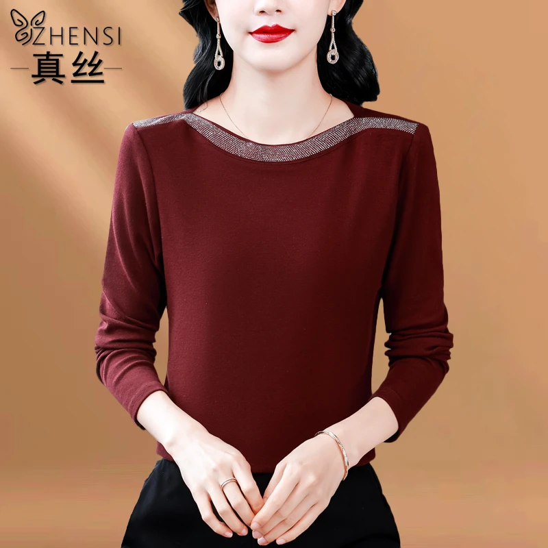 杭州高端真丝衬衫女T恤2026春秋冬新款长袖打底衫烫钻气质桑蚕丝