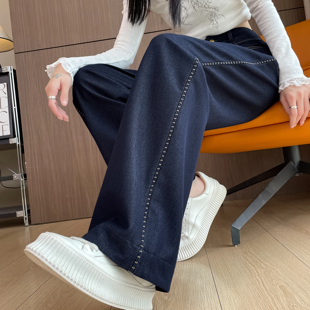 丹宁蓝窄版阔腿牛仔裤女秋冬2025新款休闲高腰显瘦垂感加绒直筒裤