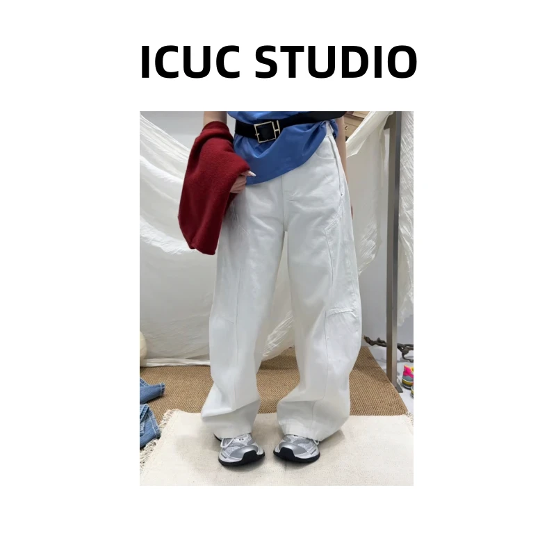 ICUC定制-【美式拼接弯刀阔腿牛仔裤】早春新款显瘦百搭拖地裤9A07