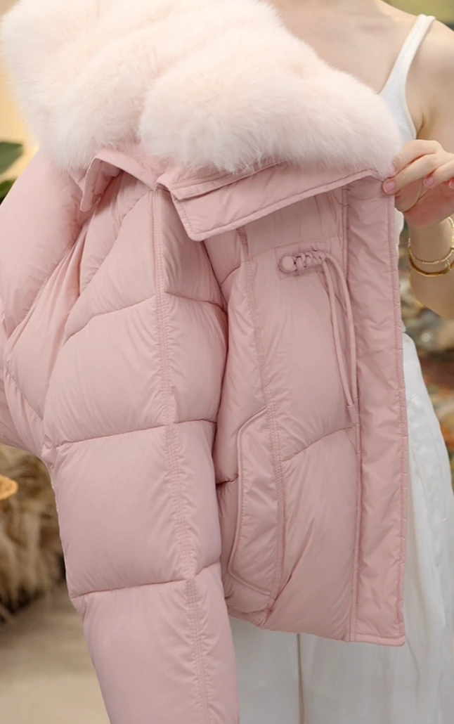 【JY】冬季洋气保暖百搭粉色大毛领女士羽绒服