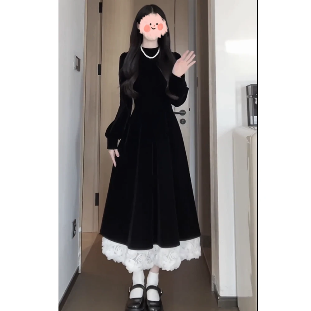 秋冬新款女时尚气质收腰显瘦气质蕾丝拼接长袖赫本风丝绒a字裙