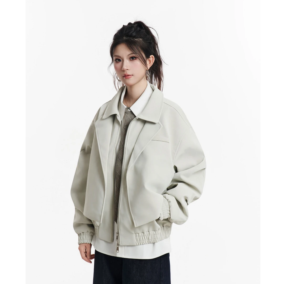 HSNH【拼接翻领皮衣】复古百搭春秋短款外套设计感休闲夹克男女同款