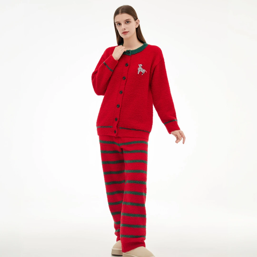 半边绒冬季女圆领开衫卡通睡衣家居服套装可外穿家居服舒适加绒