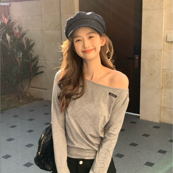 SSYDFER【慵懒松弛】一字肩辣妹时尚气质百搭卫衣设计感韩系纯色