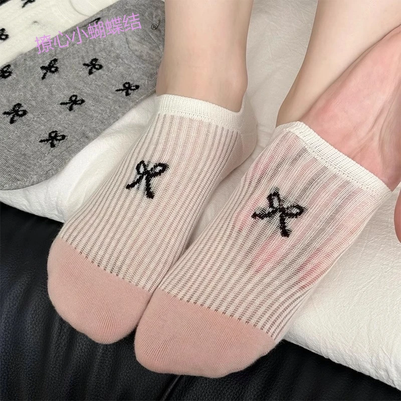 蝴蝶结袜子女ins潮夏季薄款纯棉浅口隐形短袜防滑不掉跟船袜夏天