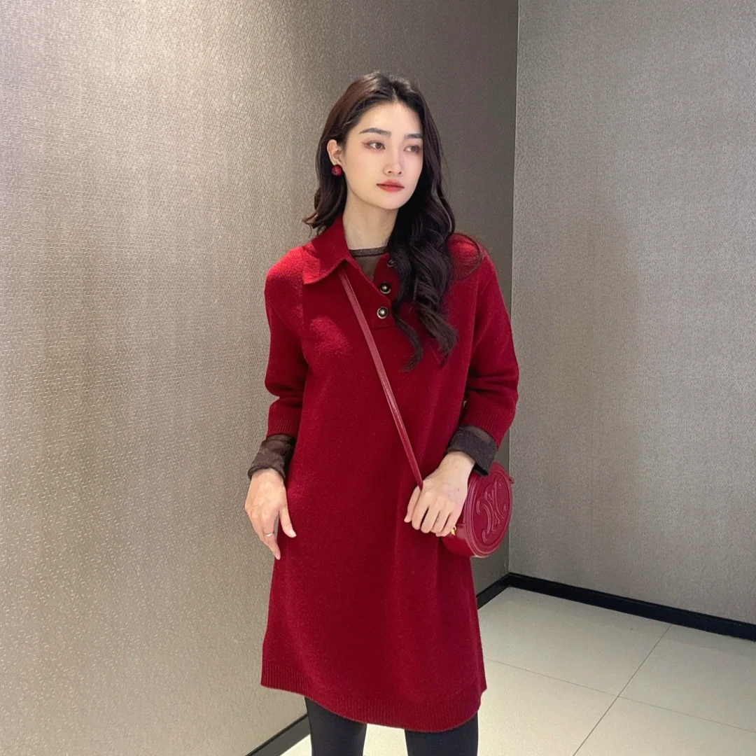 GIRDEAR/哥弟新年裙气质宽松翻领纽扣中长袖百搭连衣裙女1599030