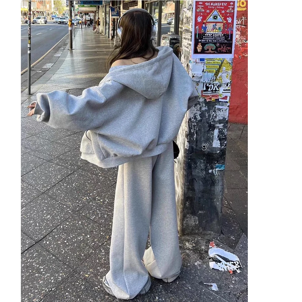 秋季连帽百搭运动套装炸街秋冬运动套装薄款韩版外套阔腿裤两件套
