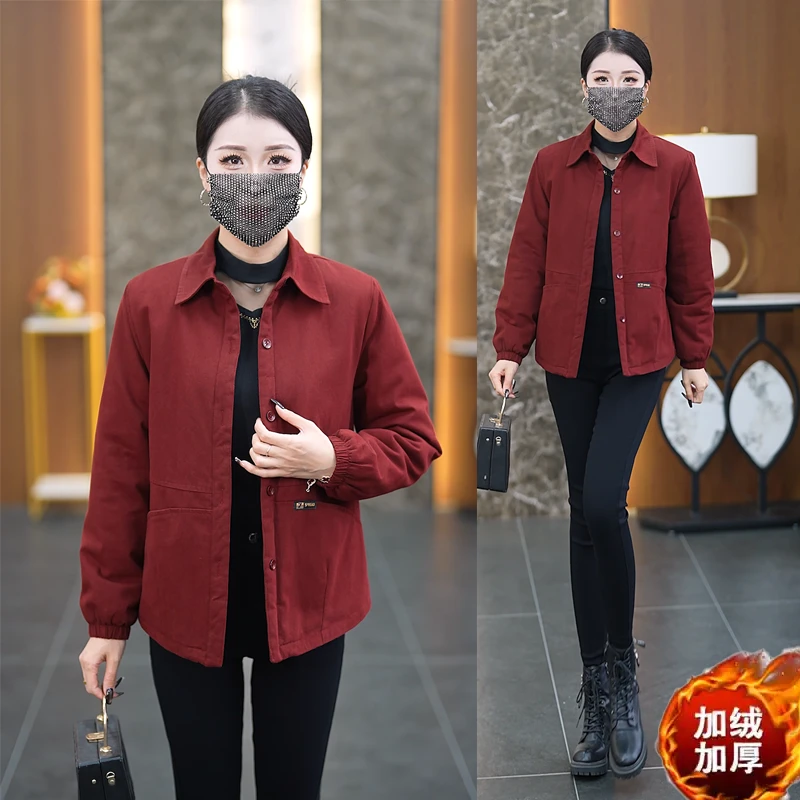 冬季新款加绒加厚保暖显瘦百搭时尚中年女装上衣