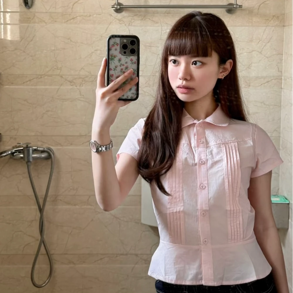 韩系粉色少女感短袖荷叶边衬衫女夏季设计感显瘦减龄百搭短款上衣