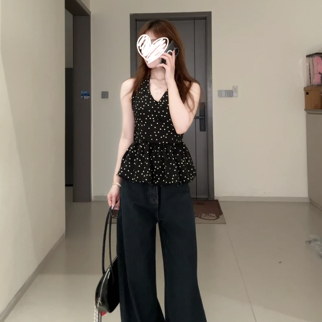 韩系甜美挂脖绑带设计收腰显瘦通勤碎花荷叶边吊带上衣9285