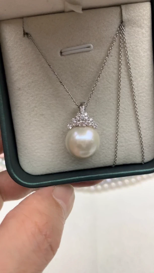 银S925镶嵌ff淡水珍珠白珠吊坠(赠链）14~15mm