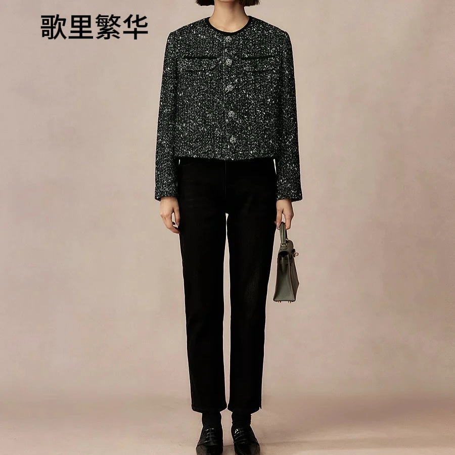 V+24年冬季新款人字纹花呢短款上衣女 0141