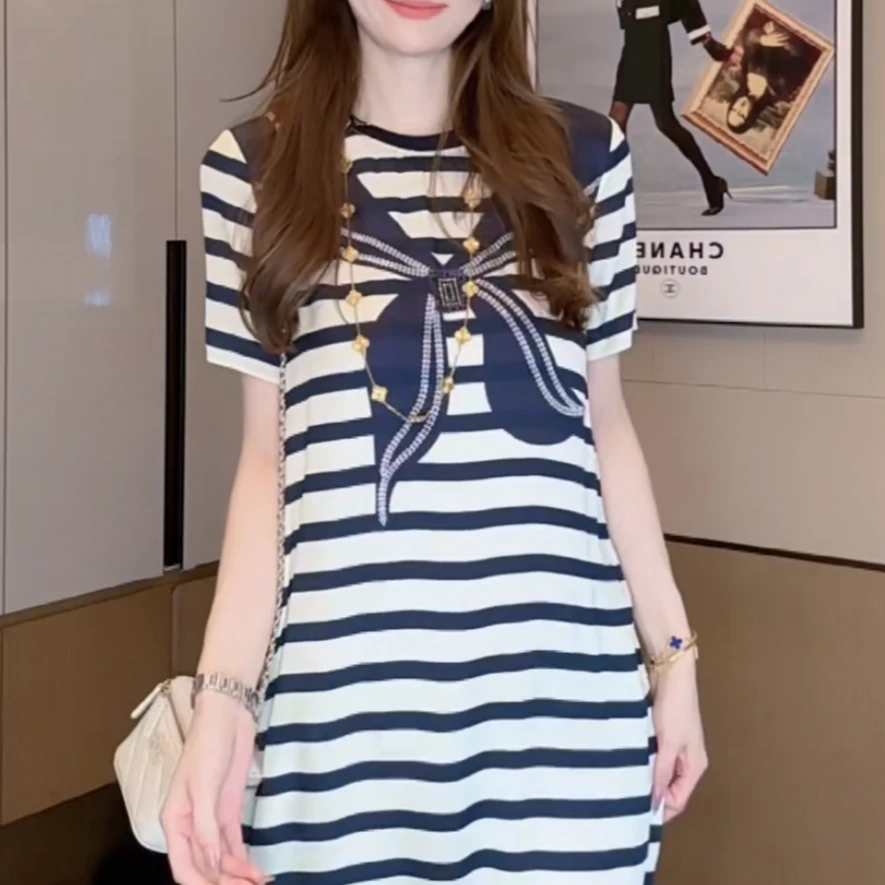 【丝芙玉禄】(S397) 真丝双桥夏季印花蝴蝶结条纹桑蚕丝女装连衣裙