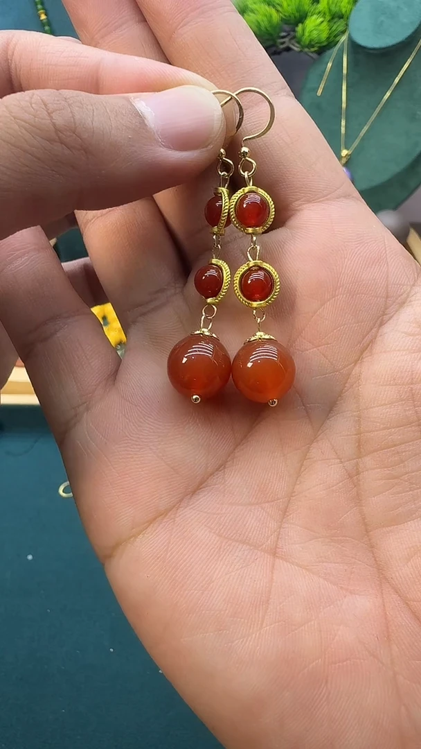 南红玛瑙14K金镶嵌耳饰E127