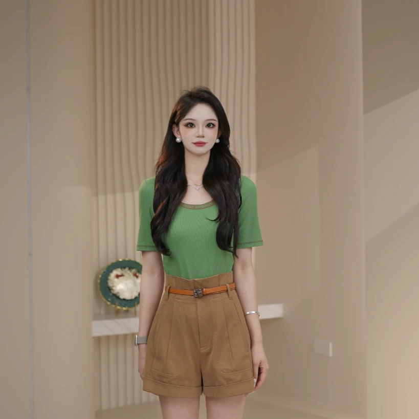 AMASS/阿玛施U领百搭半袖纯色5300759短袖春夏简约设计感薄荷曼波