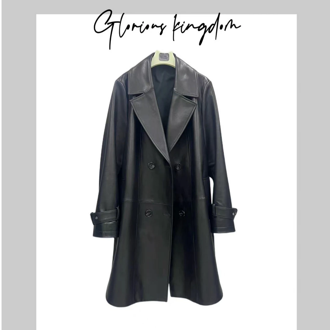 女士黑色简约真绵羊皮风衣