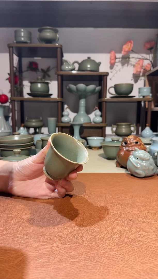 杯子瓷纯柴烧 全手花神杯 主人杯品茗杯闻香杯 青绿釉