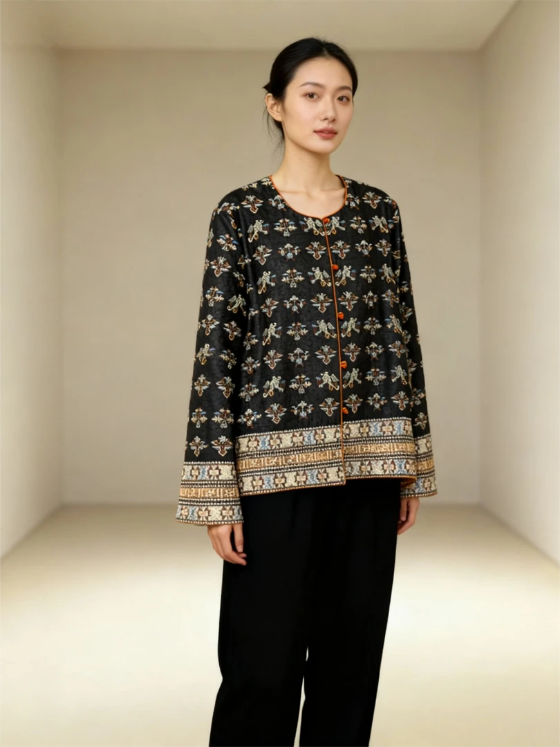 【锦绣集】秋冬厚款外套 香云纱龟裂纹满绣新中式棉服外套设计师款