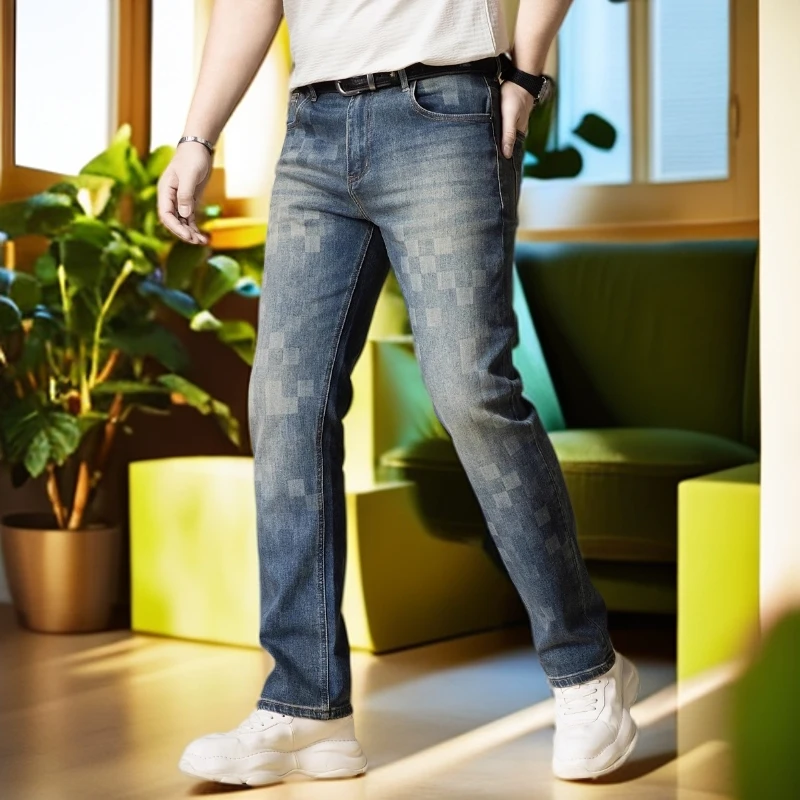 娜罗普西棋盘格牛仔裤男士宽松直筒长裤夏季新款高街美式裤子男款