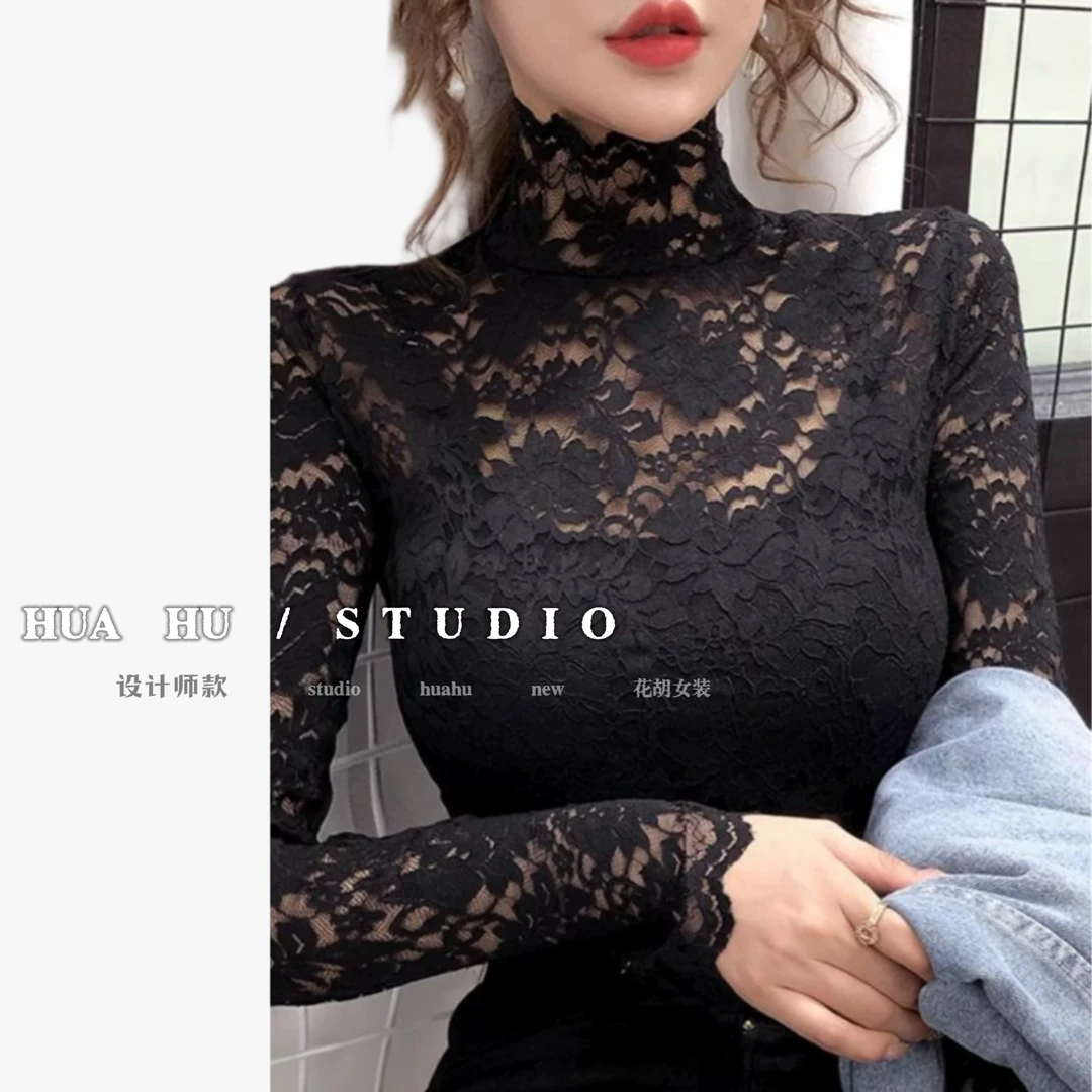 欧货半高领镂空蕾丝打底衫女长袖内搭性感百搭加绒上衣洋气小衫