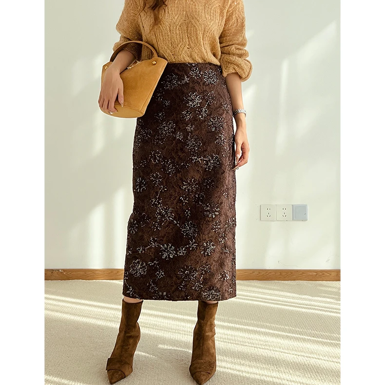 105BQ4061高级感复古重工亮片刺绣半身裙女直筒时尚显瘦中长裙子