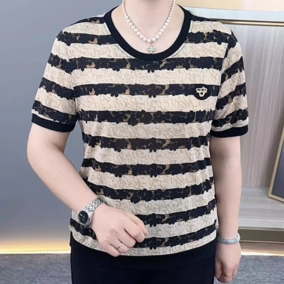 清仓#夏季新款中老年女装圆领条纹短袖X时尚百搭显瘦减龄花色上衣