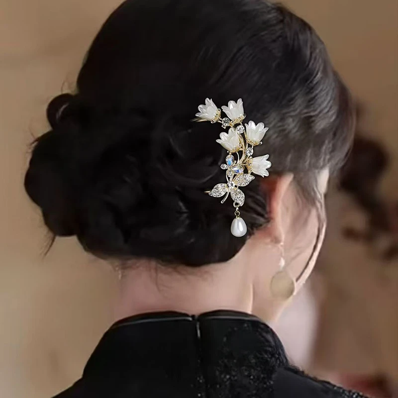 DH铃兰花U型发簪高级感古风汉服旗袍盘发衩梳中式花朵步摇发钗