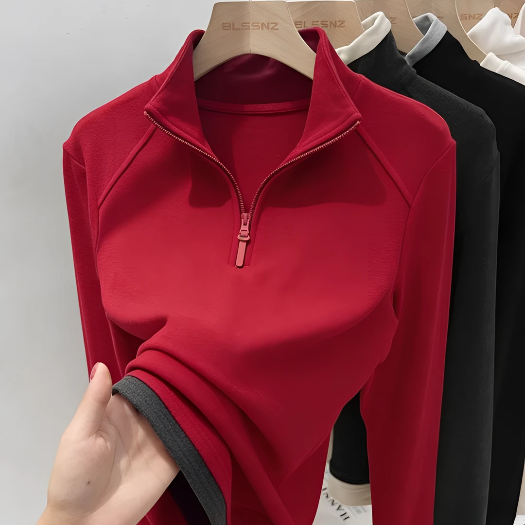 高级感复古红色半拉链打底衫秋冬加厚设计感撞色内搭长袖上衣洋气