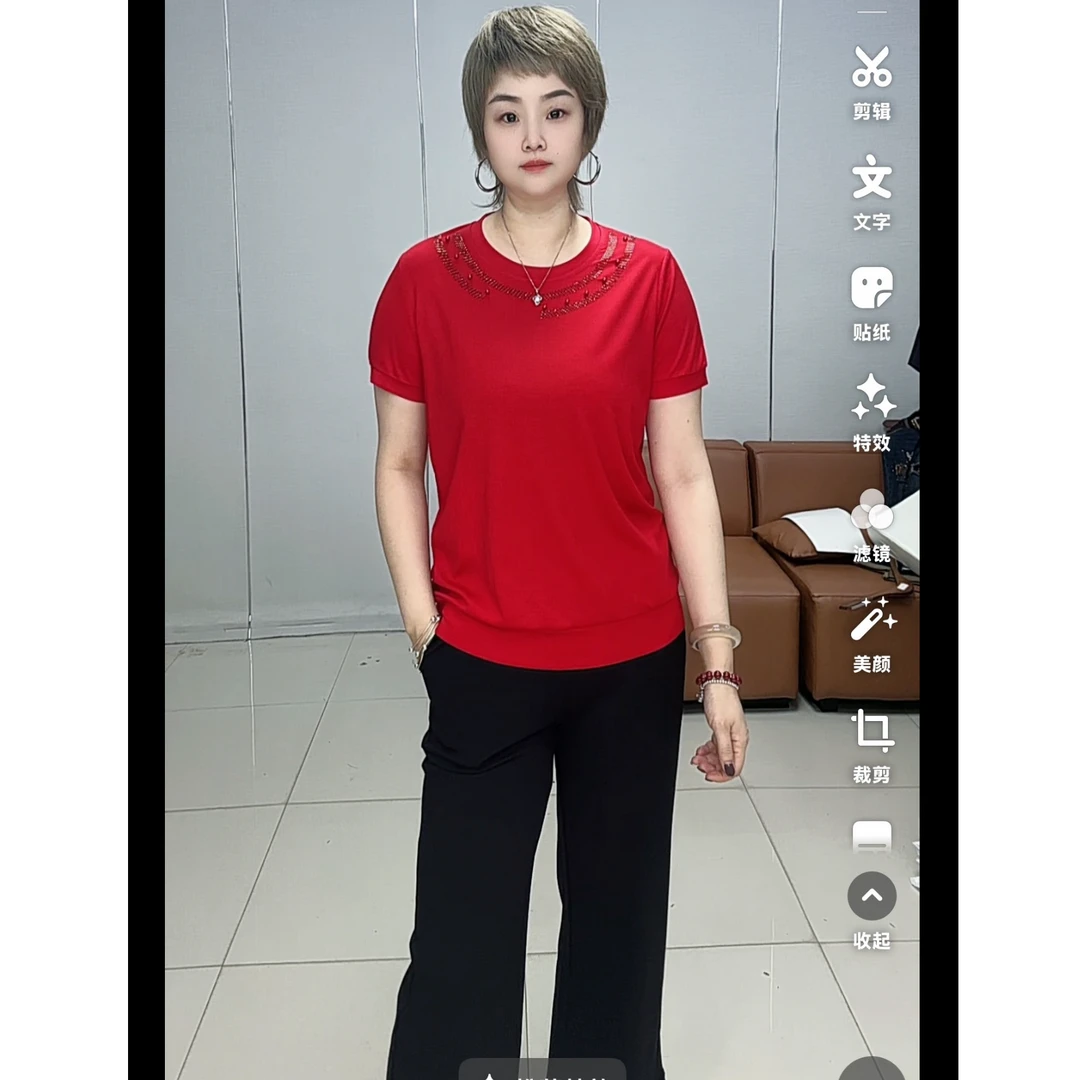 小施家纯色大方工艺闪钻冰爽显瘦遮肉气质T恤556