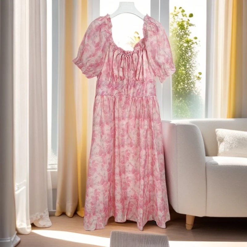 7200裙子粉色温柔风泡泡袖新款收腰显瘦碎花长款夏季连衣裙