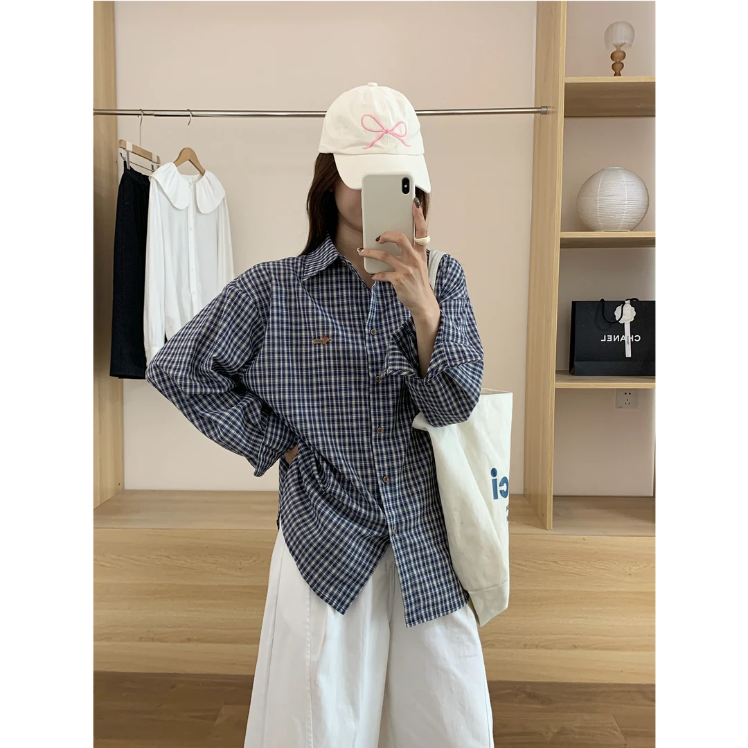 港风别致腊肠小狗刺绣格子秋季衬衫女韩版宽松显瘦上衣外套潮