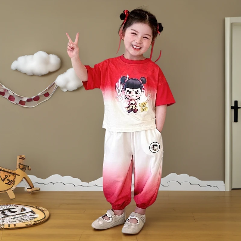 新款夏季渐变红色卡通套装女童时尚休闲两件套洋气百搭