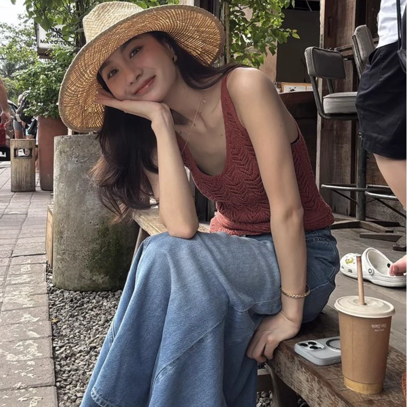 T1663 锈红 复古编织时尚亚麻棉吊带背心女夏季薄款