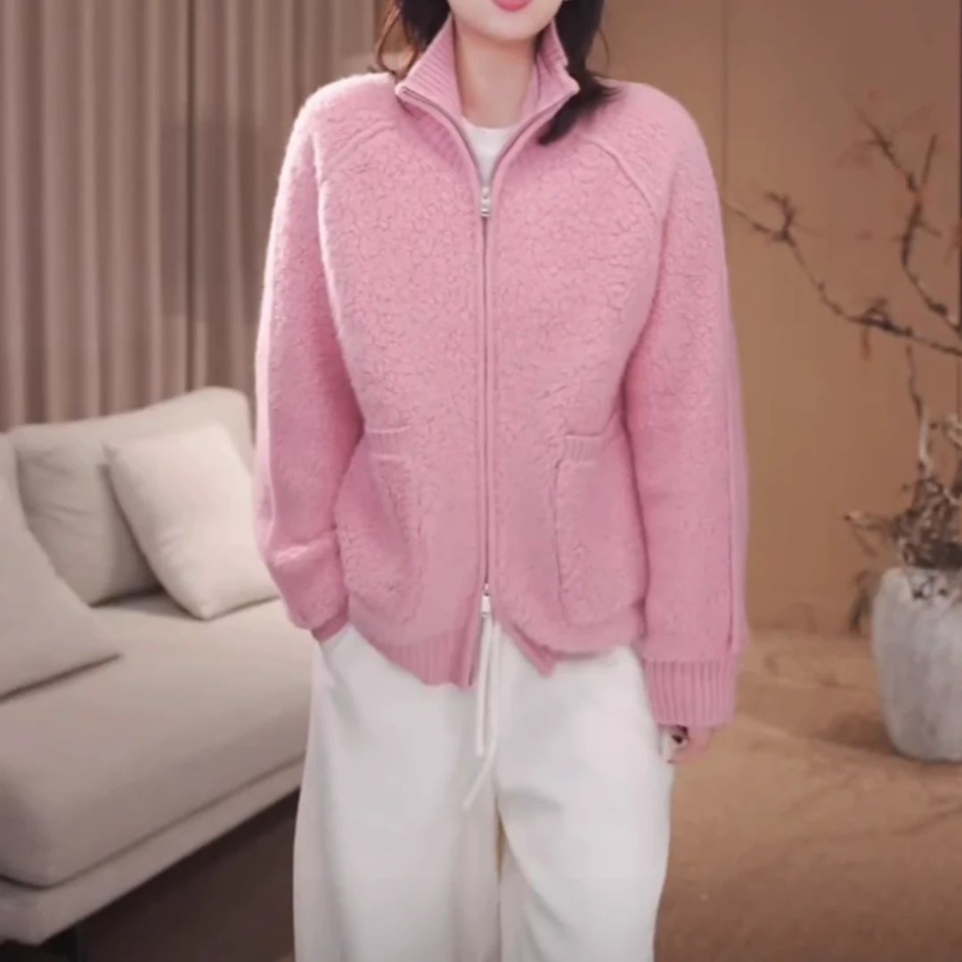 2025秋冬新款粉色减龄甜美温柔风双头拉链立领厚款保暖百搭短外套