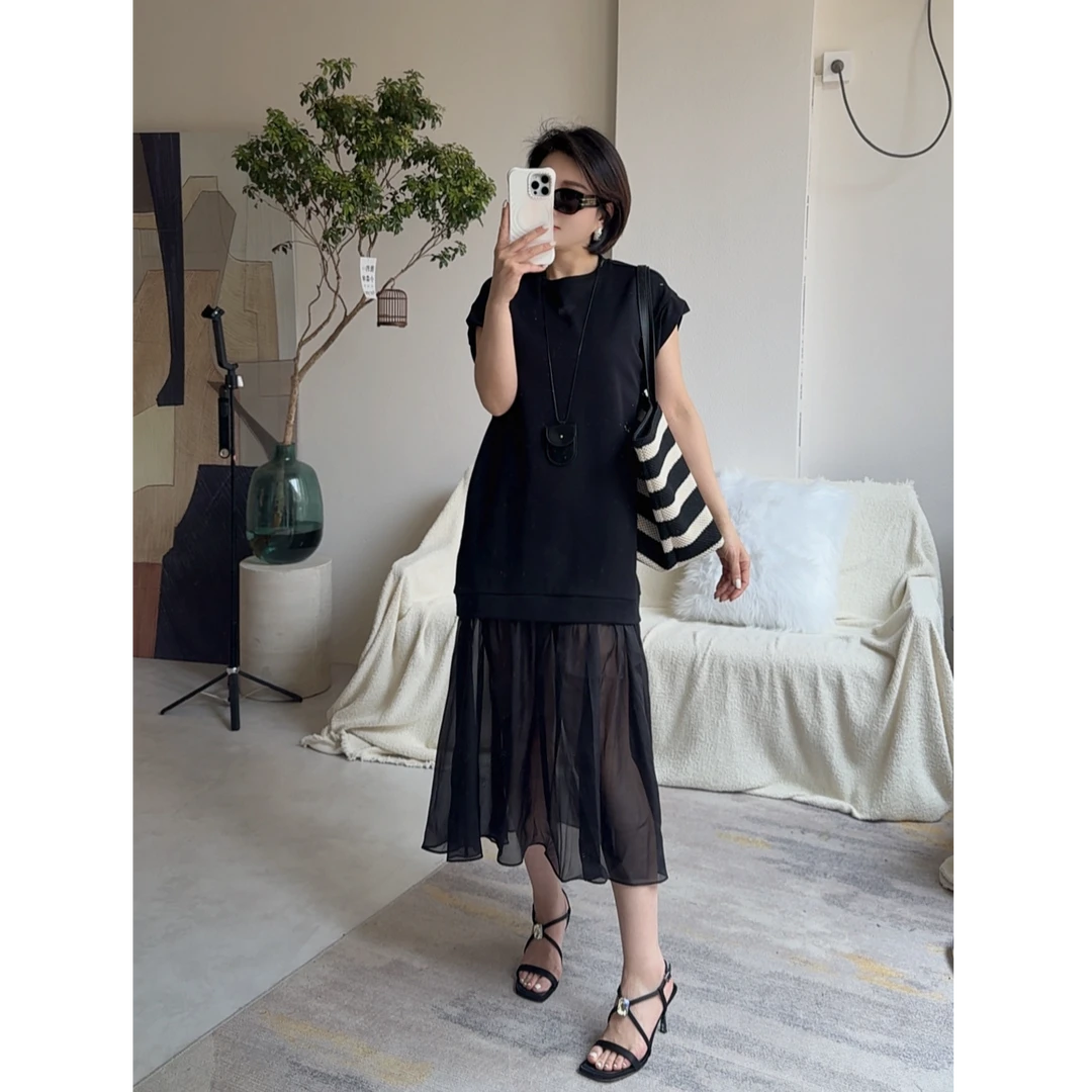 【卡蔓陈LILI】欧货设计感短袖拼接连衣裙宽松显瘦小个子百搭裙子