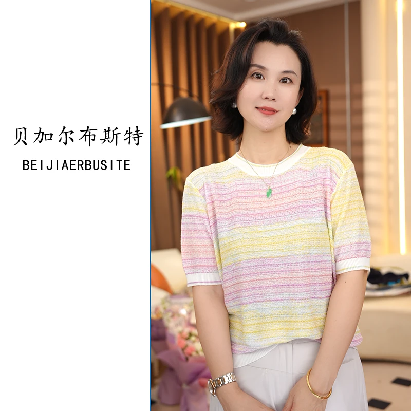 新中式时尚~满分莱赛尔圆领短袖渐变提花清凉针织短款