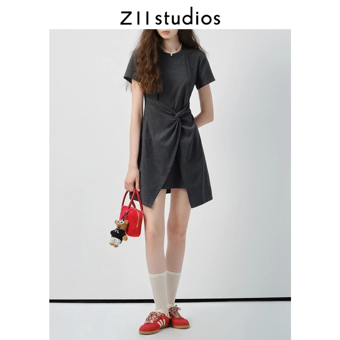 Z11不规则短袖连衣裙女2025年夏季新款A字裙收腰显瘦设计感休闲