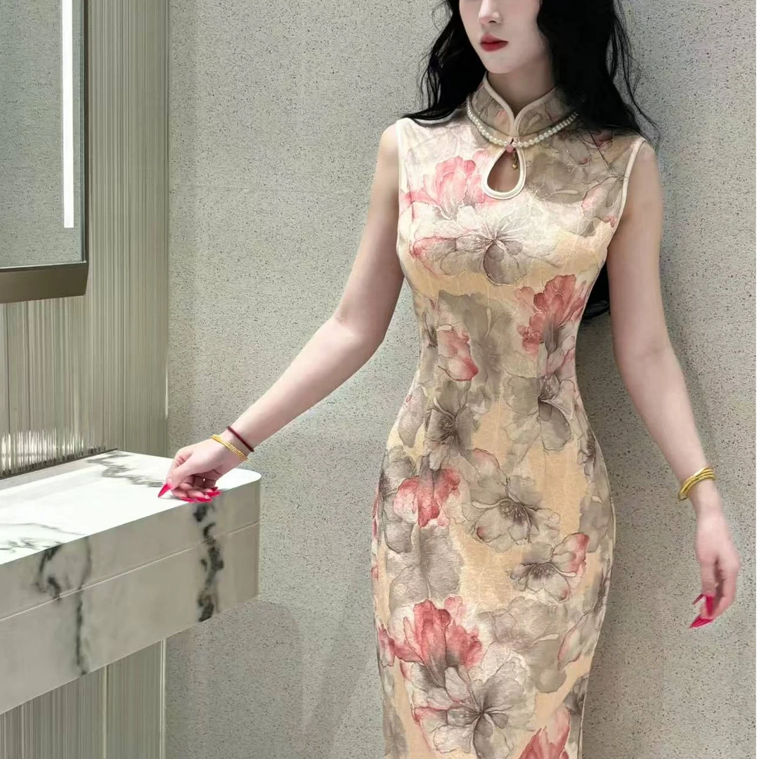 LHMknk1画报夫人原创自制新中式旗袍高级烫金提花 港工泼墨淡