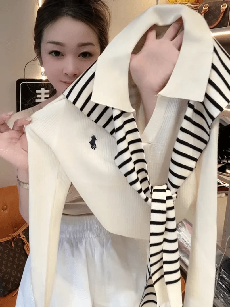 老钱风穿搭舒适休闲高级白色上衣女2025早秋翻领披肩长袖针织衫潮