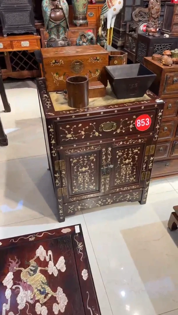 木立*130黄花梨博古架一对10800+紫檀云石板喜字柜5500