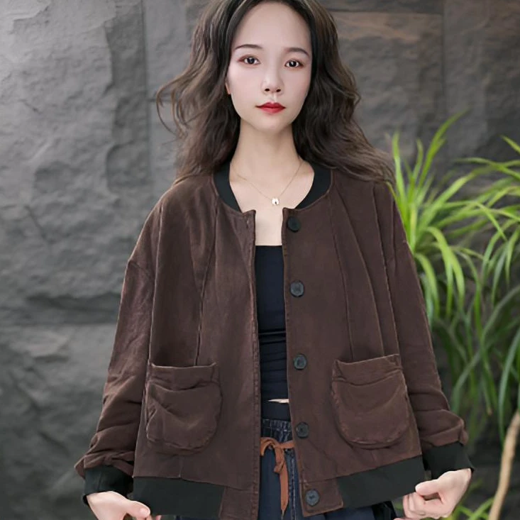 JJ单排扣女春秋圆领轻职风短外套百搭复古长袖短款立领韩版宽松