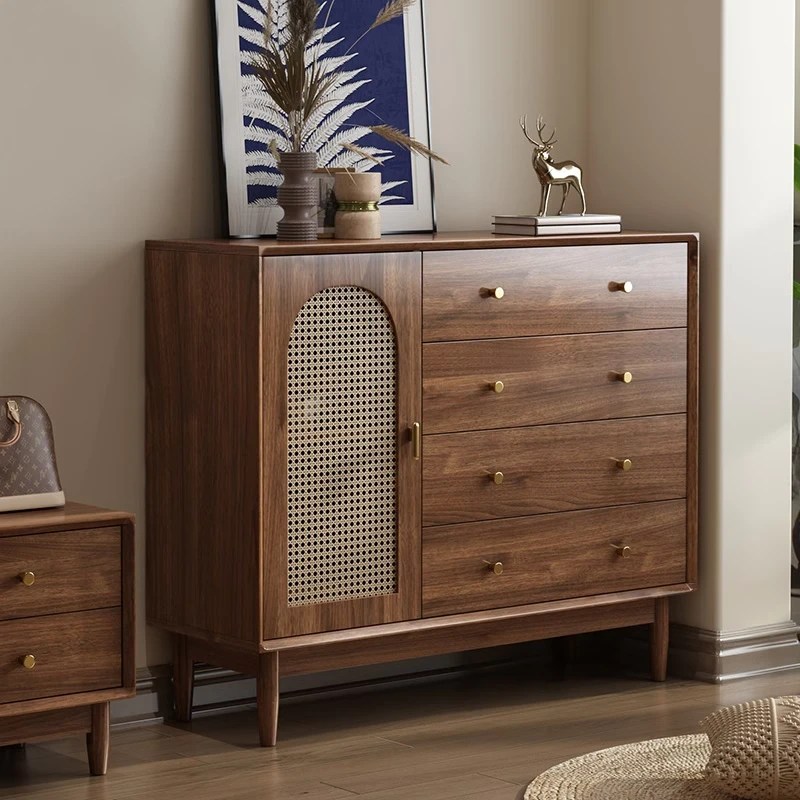 藤编实木腿餐边柜斗柜客厅收纳柜中古风复古置物柜靠墙一体储物柜