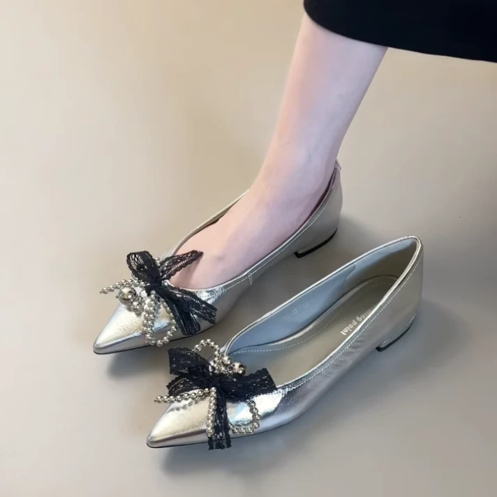 Pokoy-3.5cm法式复古尖头蝴蝶结一字带凉鞋新款百搭粗跟露趾凉鞋