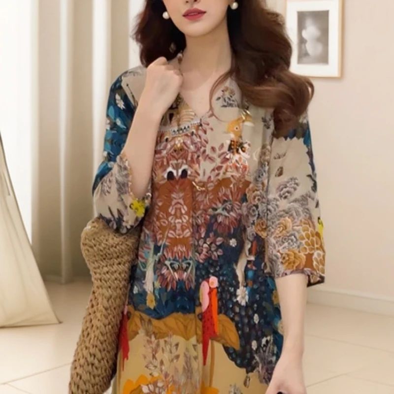 画枕眠2025新款夏季裙子大码宽松显瘦碎花裙气质V领碎花