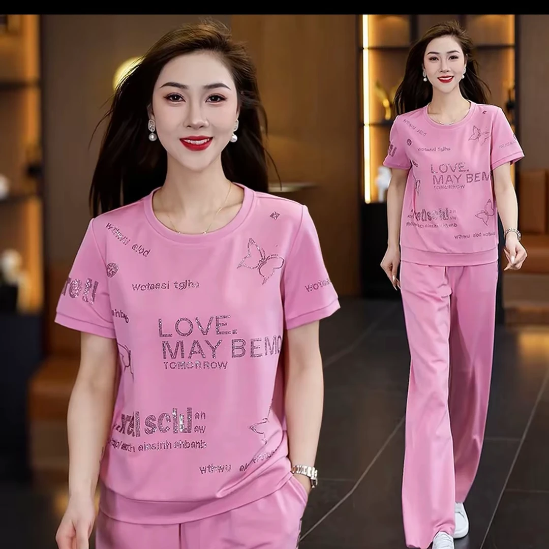 休闲运动套装显瘦韩版宽松时尚短裤圆领运动大码印花8939