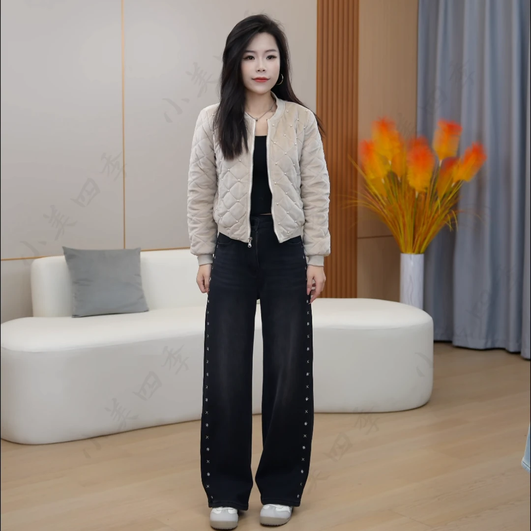 小美四季小个子直筒阔腿牛仔裤雪花刺绣女秋冬季款弹力阔腿裤3308
