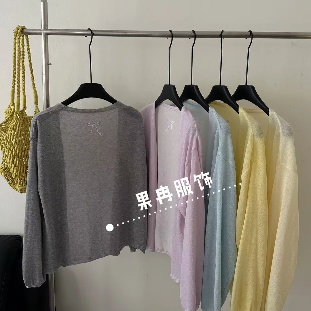 新韩系防晒开衫薄宽松蝴蝶结刺绣女夏针织空调衫披肩外搭8635