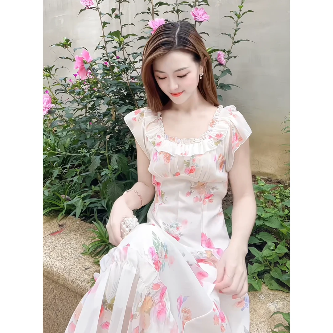 千语栀【野蔓寻香】法式复古温柔风荷叶边碎花连衣裙独特气质收腰