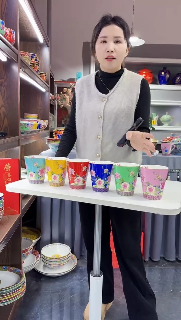 珐琅 牡丹花卉水杯10只装景德镇
